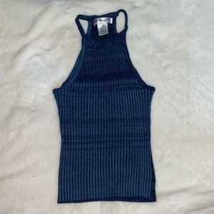 Blue Ribbed Sleeveless Crop Top